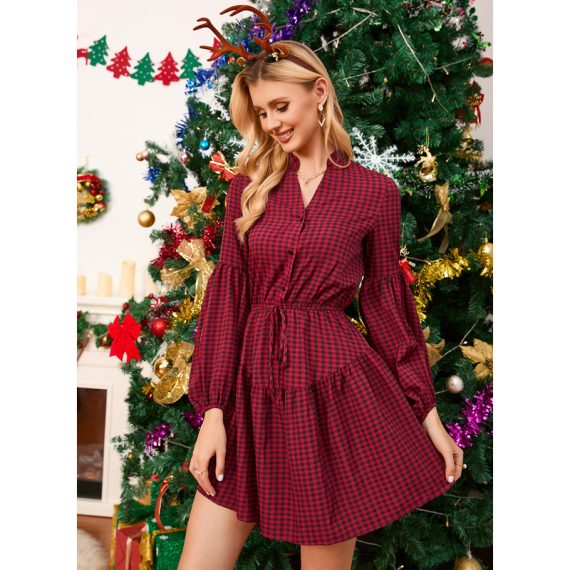 Plaid Button V-Neck Long Sleeves Elegant A-line Polyester Mini Dresses