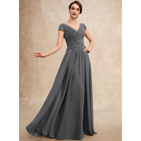 A-Line V-neck Floor-Length Chiffon Lace Mother of the Bride Dress With Beading Sequins Pleated