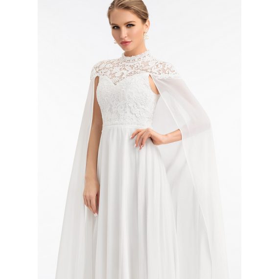 A-Line High Neck Floor-Length Chiffon Lace Wedding Dress