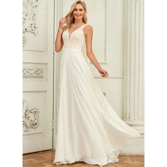 A-Line V-neck Sweep Train Chiffon Lace Wedding Dress With Lace