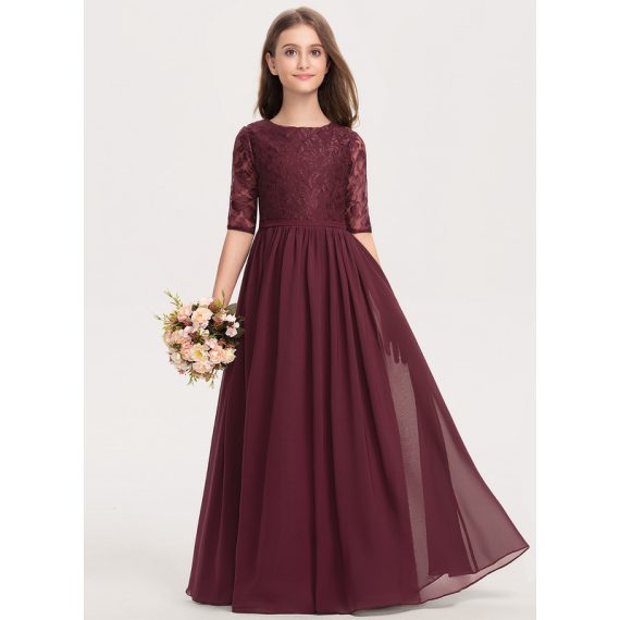 A-Line Scoop Floor-Length Chiffon Lace Junior Bridesmaid Dress