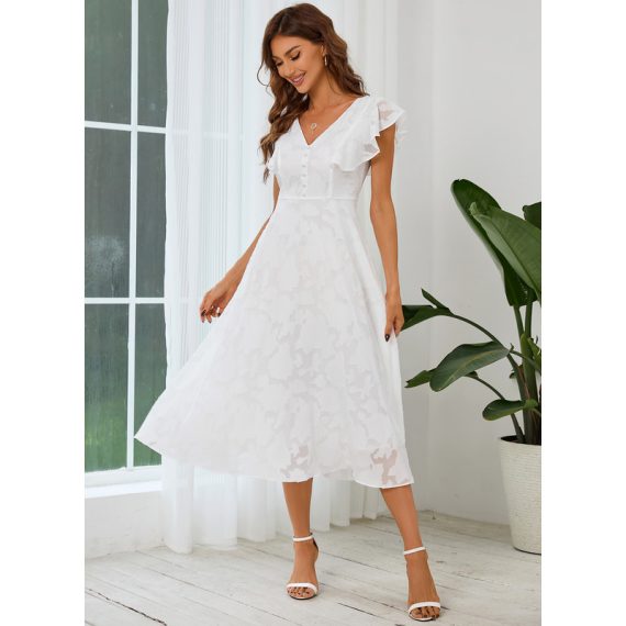 V-Neck Short Sleeves Elegant A-line Chiffon Midi Dresses