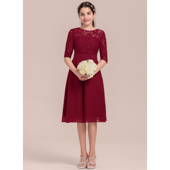 A-Line Scoop Knee-Length Chiffon Lace Junior Bridesmaid Dress