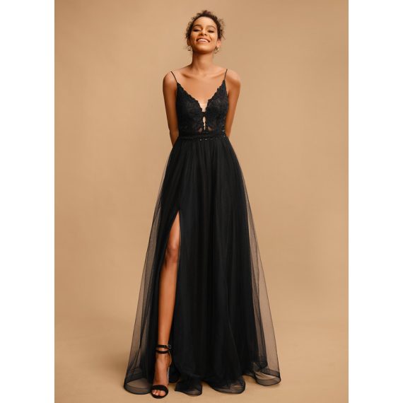 Ball-Gown/Princess V-Neck Floor-Length Lace Tulle Prom Dresses With Sequins