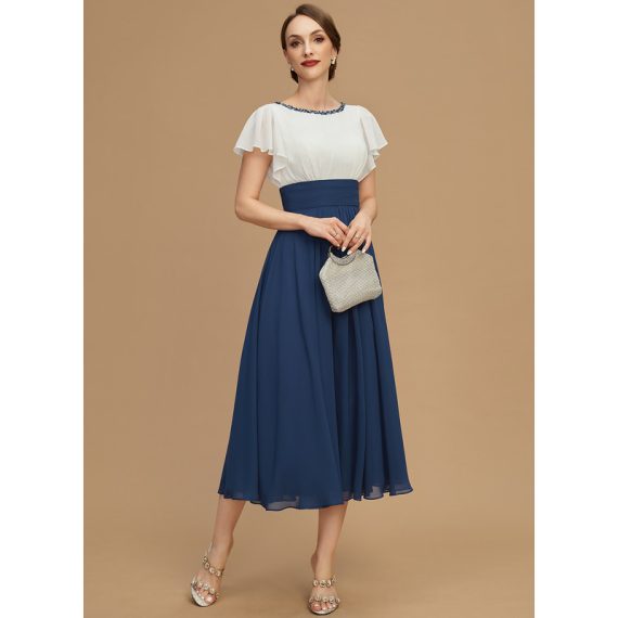 A-line Scoop Tea-length Chiffon Mother of the Bride Dress With Beading Ruffle Sequins