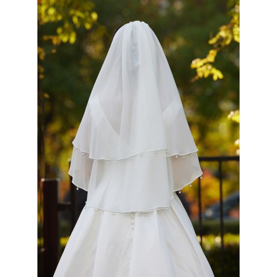 Two-tier Pearl Trim Edge Elbow Bridal Veils With Faux Pearl