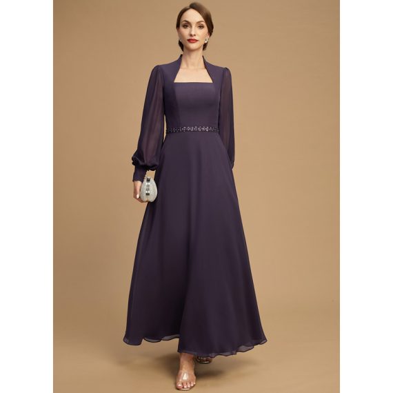 A-line Queen Anne Ankle-Length Chiffon Evening Dress With Beading Sequins