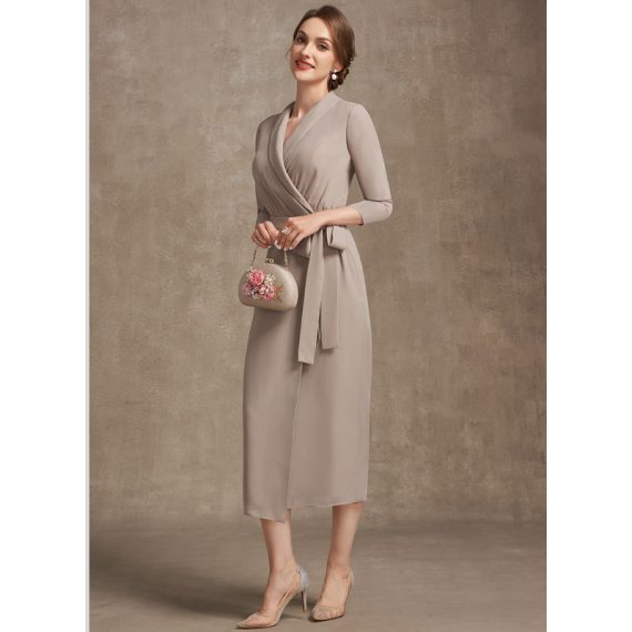 Sheath/Column V-Neck Tea-length Chiffon Mother of the Bride Dress With Bow