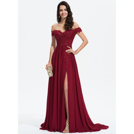 A-line Off the Shoulder Sweep Train Chiffon Lace Prom Dresses With Sequins