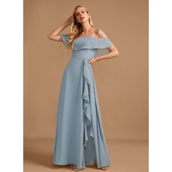 A-Line Off-the-Shoulder Floor-Length Chiffon Bridesmaid Dress With Ruffle Split Front