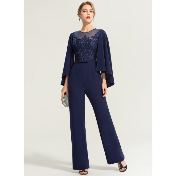 Jumpsuit/Pantsuit Scoop Illusion Floor-Length Lace Stretch Crepe Evening Dress With Sequins Bow(s)