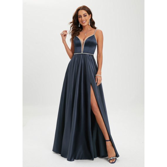 Ball-Gown/Princess V-neck Floor-Length Satin Prom Dresses With Beading Sequins
