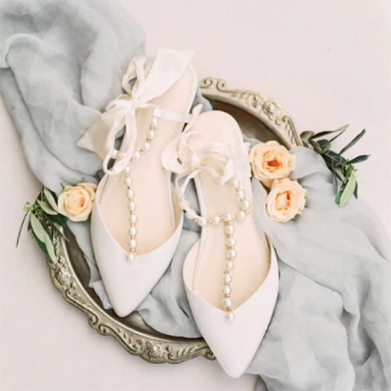 Women's Leatherette Flat Heel Closed Toe With T-Strap Pearl & Imitation Pearl