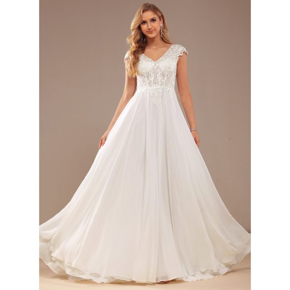 A-Line V-neck Sweep Train Chiffon Lace Wedding Dress With Lace
