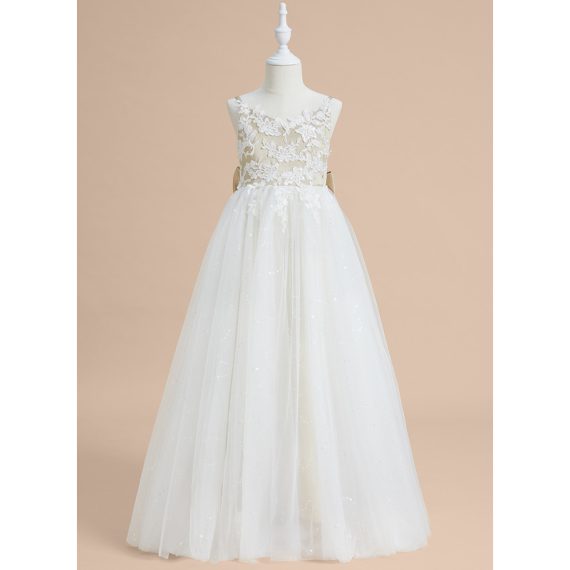 Ball-Gown/Princess V-Neck Floor-Length Lace/Satin/Tulle Flower Girl Dress