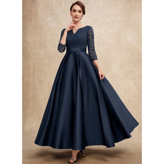 A-line V-Neck Ankle-Length Lace Satin Evening Dress With Rhinestone