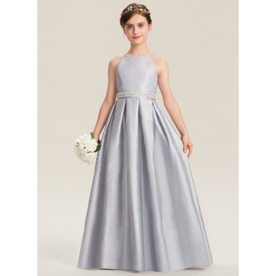 A-Line Halter Floor-Length Taffeta Junior Bridesmaid Dress With Beading
