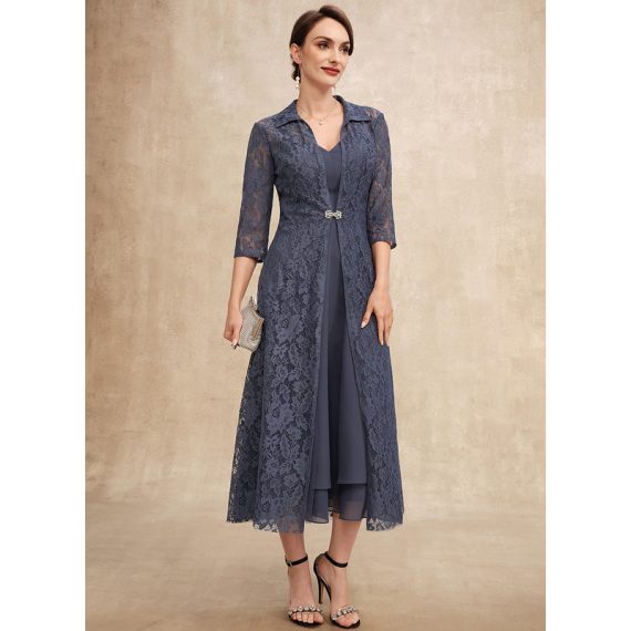 A-Line V-neck Tea-Length Chiffon Mother of the Bride Dress