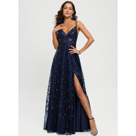 A-line V-Neck Floor-length Lace Prom Dresses With Sequins