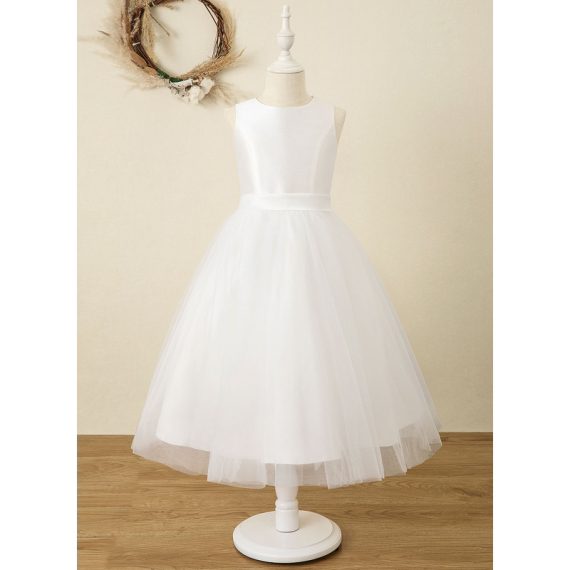 A-line Scoop Tea-Length Satin/Tulle Flower Girl Dress