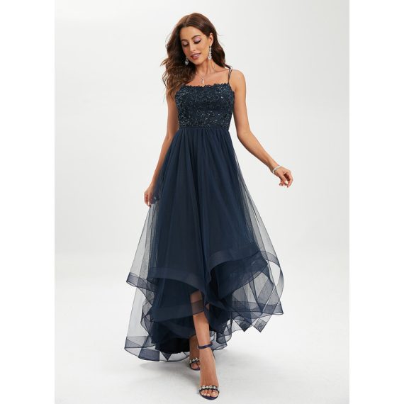 Ball-Gown/Princess Scoop Asymmetrical Lace Prom Dresses With Sequins