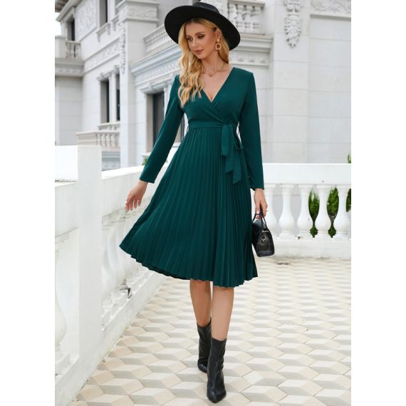 V-Neck Long Sleeves Elegant A-line Polyester Midi Dresses