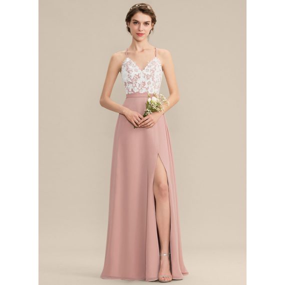 A-Line V-neck Floor-Length Chiffon Lace Bridesmaid Dress