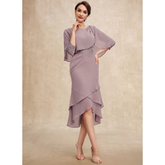 Sheath/Column Scoop Asymmetrical Chiffon Lace Mother of the Bride Dress With Ruffle Sequins