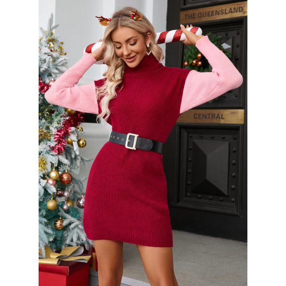 Colorblock High Neck Long Sleeves Elegant Cotton Blends Mini Dresses