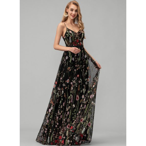 A-line V-Neck Floor-length Lace Evening Dress With Beading