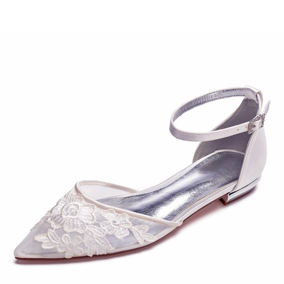 Women's Lace Satin Flat Heel Closed Toe With Lace ankle strap