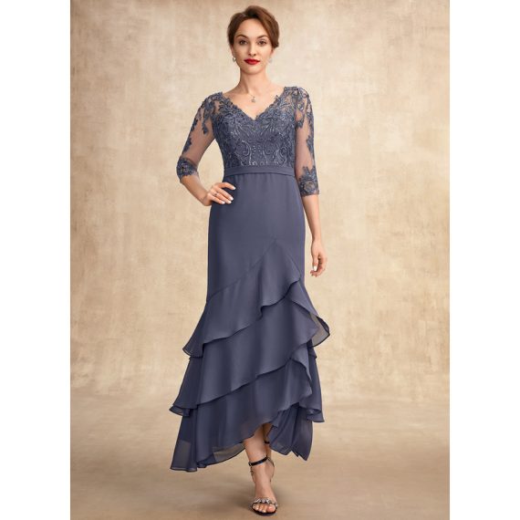 Trumpet/Mermaid V-Neck Asymmetrical Chiffon Lace Mother of the Bride Dress With Cascading Ruffles Sequins