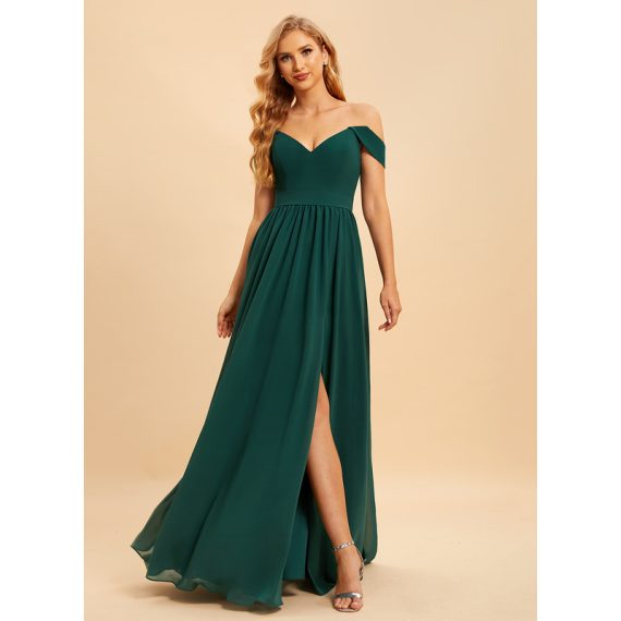 A-Line Off-the-Shoulder Floor-Length Chiffon Bridesmaid Dress With Split Front
