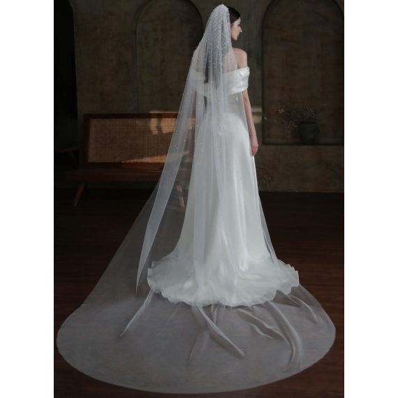 One-tier Cut Edge Cathedral Bridal Veils With Faux Pearl