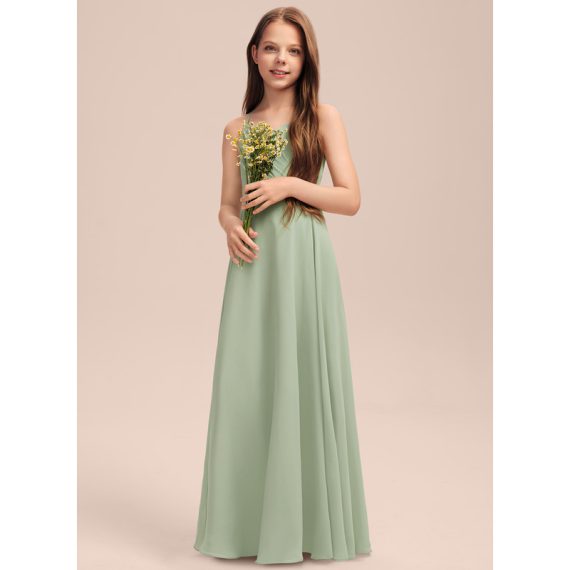 A-Line V-neck Floor-Length Chiffon Junior Bridesmaid Dress With Pleated