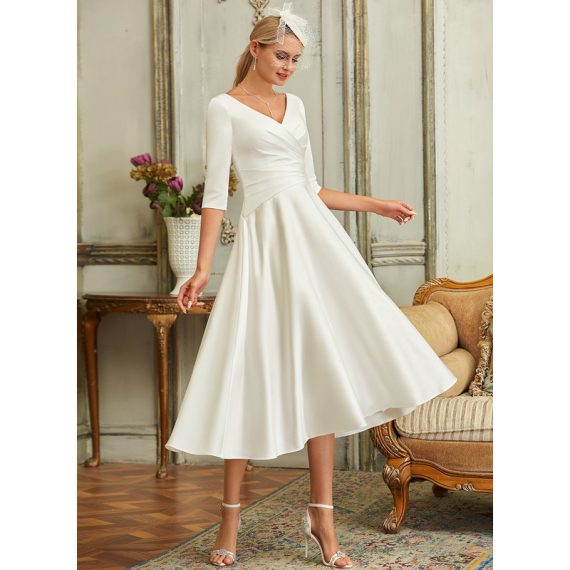 A-Line V-neck Tea-Length Satin Wedding Dress