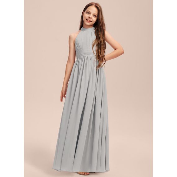 A-Line Halter Floor-Length Chiffon Junior Bridesmaid Dress With Pleated