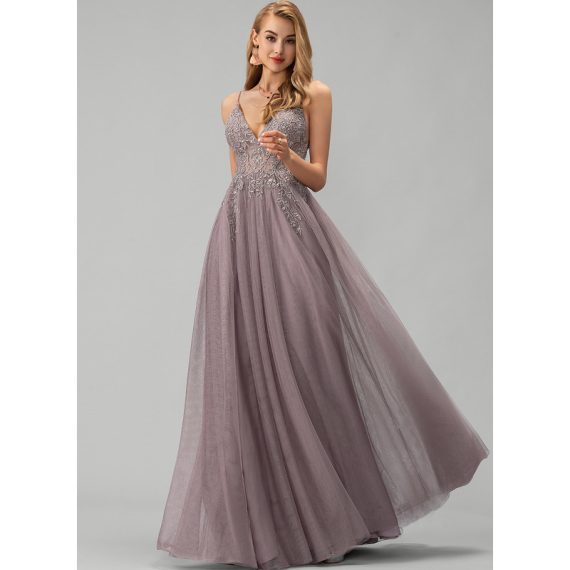 A-line V-Neck Floor-length Lace Tulle Evening Dress With Beading Sequins