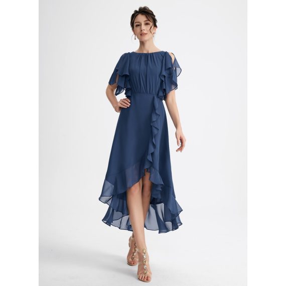 A-Line Scoop Asymmetrical Chiffon Cocktail Dress With Cascading Ruffles