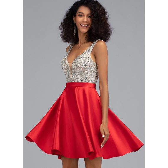 A-Line V-neck Short/Mini Satin Homecoming Dress With Beading Sequins