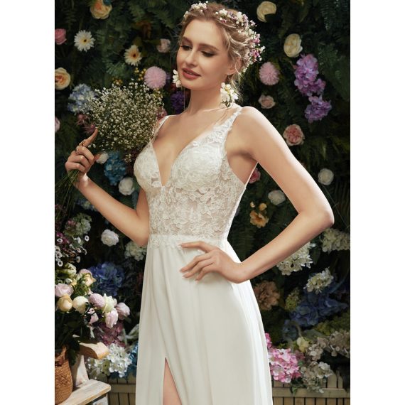 A-line V-Neck Floor-Length Chiffon Lace Wedding Dress