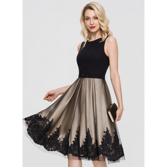 A-Line Scoop Knee-Length Tulle Stretch Crepe Cocktail Dress With Beading Sequins