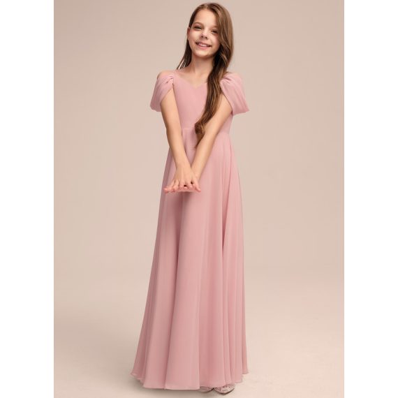 A-Line Cold Shoulder Floor-Length Chiffon Junior Bridesmaid Dress With Pleated