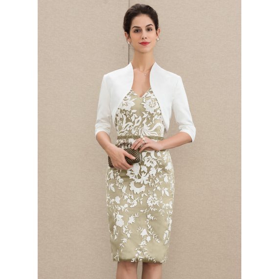 Sheath/Column V-Neck Knee-length Lace Satin Mother of the Bride Dress With Beading Sequins