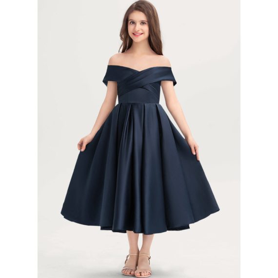 A-line Off the Shoulder Tea-length Satin Junior Bridesmaid Dress