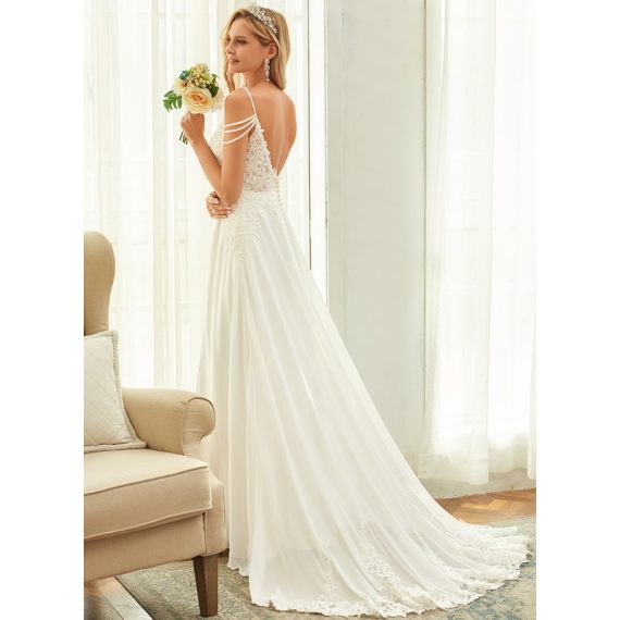 A-Line V-neck Sweep Train Chiffon Lace Wedding Dress With Beading Sequins