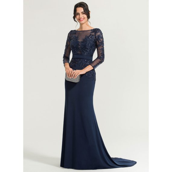 Trumpet/Mermaid Boat Neck Illusion Sweep Train Lace Jersey Evening Dress With Sequins