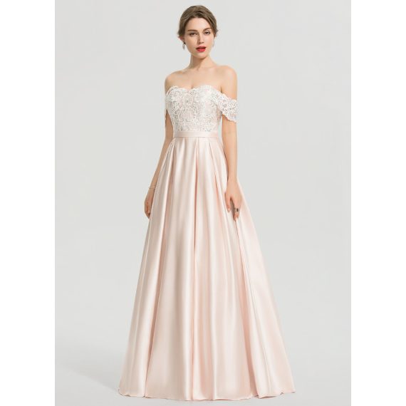 Ball-Gown/Princess Off the Shoulder Floor-Length Lace Satin Wedding Dress With Sequins