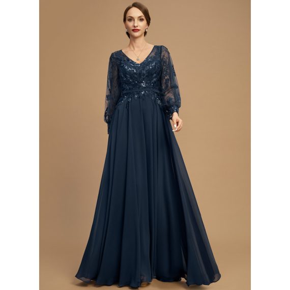 A-line V-Neck Floor-Length Chiffon Lace Evening Dress With Sequins