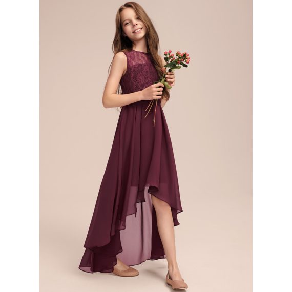 A-Line Scoop Asymmetrical Chiffon Lace Junior Bridesmaid Dress